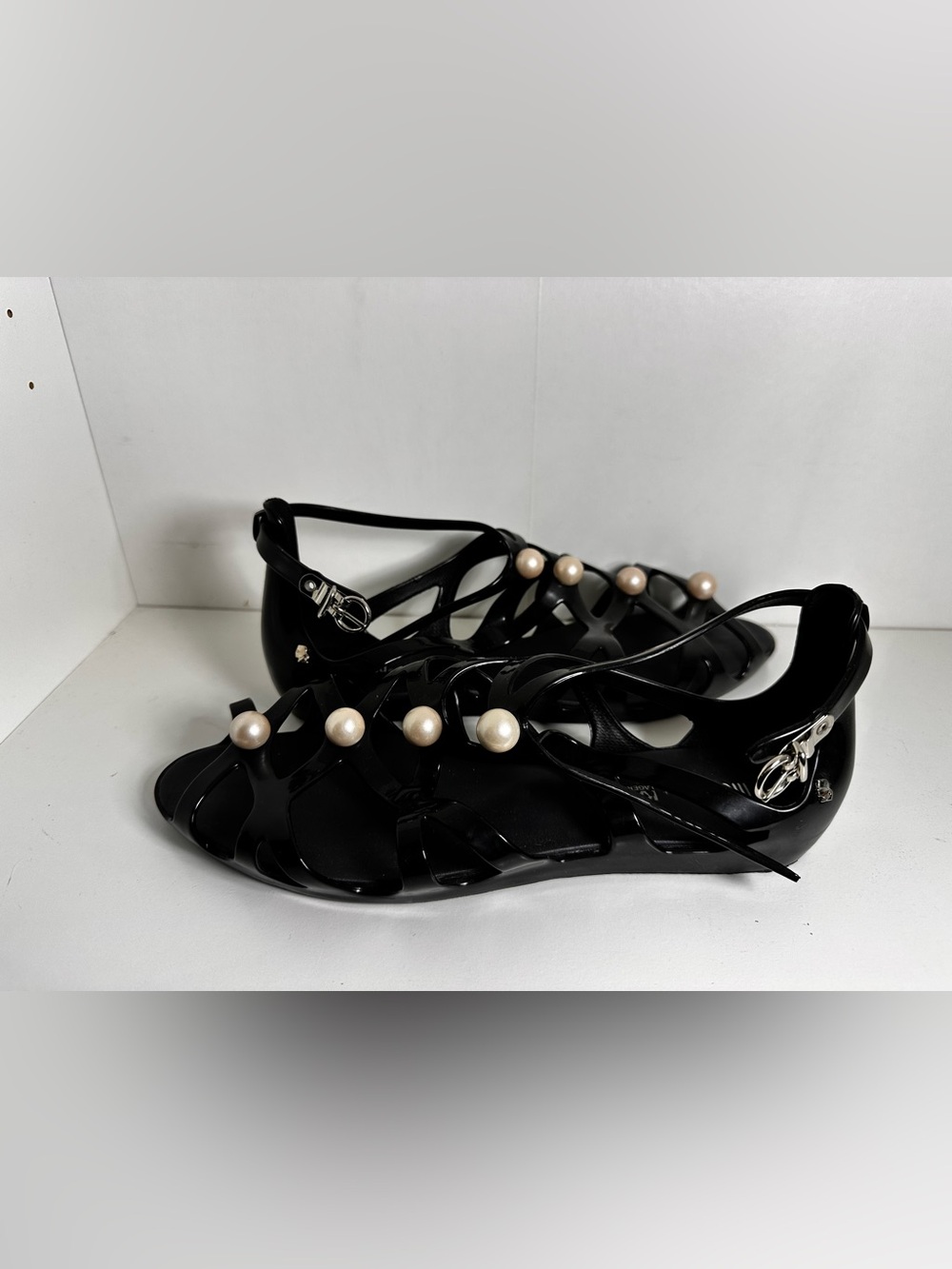 Melissa x Karl Langerfeld Black Strappy Sandals with Pearl Accents - Picture 5 of 10